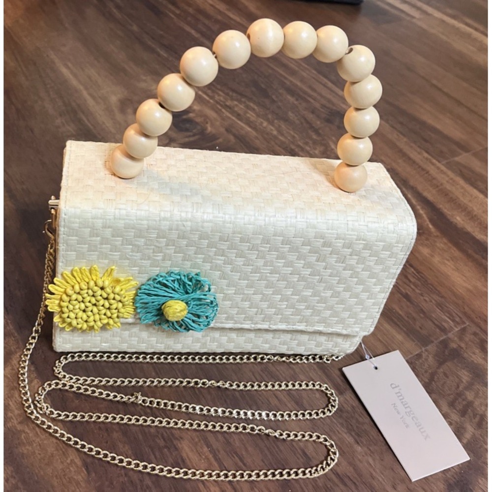D' MARGEAUX Straw Beaded Handle Satchel Beige Blue Yellow Flowers Purse Bag NEW